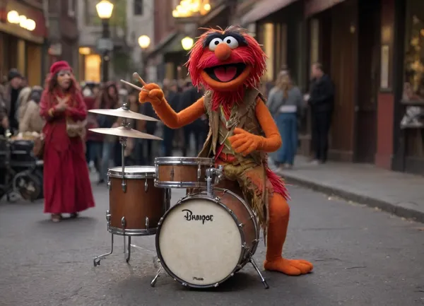 in a felt puppet world style, hippy One man band street musician performer, street fair, (drumset:1.5), various percussion instruments like a bass drum, snare drum, and cymbals, Animal_Muppet, Red, Muppet, <lora:599127_training_data:1.2>, <lora:Felt-Puppet-base-v1-000008:1.8>, <lora:Animal_Muppet:1.5>