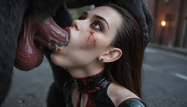 petite 18yo vampire girl, latex suit, pain expression, (injured:1.8), (pale skin:2), (vampire:2), (deepthroat:1.8), (barely fit in mouth), (((by werewolf huge monstrous dick))), (cum:1.2), (dark street background:1.2)