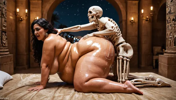 masterpiece, high resolution, ultra detailed, 8k, Night, Museum of Ancient Egypt, wall decorated with Egyptian bas-reliefs and hieroglyphs, ((two skeletons having sex and groping a beautiful, fat, obese, love handles, wide hips, little cellulit, overfed, fat rolls belly, wobbly ass, oiled, body, fat double chin face, overweight milf)), super detailed photorealistic image, full body view view, 8K quality., skeleton, <lora:sdxlSkeletonLora:.8>, on all fours