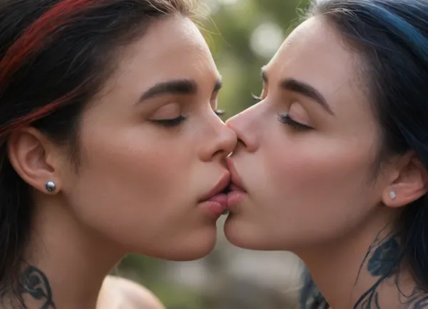 (masterpiece:1.3), (ultra-detailed:1.3), (photorealistic:1.3), (perfect anatomy:1.2), (soft cinematic lighting:1.3), (realistic skin texture:1.5), (8k resolution:1.2), (NSFW artistic style:1.1), (two beautiful women:1.3), (close-up romantic scene:1.3), (realistic kiss:1.8), (natural kiss:1.8), (natural facial expressions:1.1), gentle hand contact, 1.2

female 1, hair color, (blue platinum with red highlights:1.7), (defined eyebrows:1.2), (tattoos on arms:1.3), nude upper body, 1.2

female 2, (black hair color:1.7), (gently leaning into the kiss:1.2), (exposed chest:1.1), soft lighting on her shoulder, (1.2

details on lips:1.2), (perfect lips:1.2), (lip texture visible:1.2), (wet lips:1.2), (realistic tongue placement:1.2), (visible teeth between lips:1.2), slightly open mouth, (1.2

subtle shadows on skin:1.2), (intimate pose:1.2), (zoomed framing focused on faces:1.3)