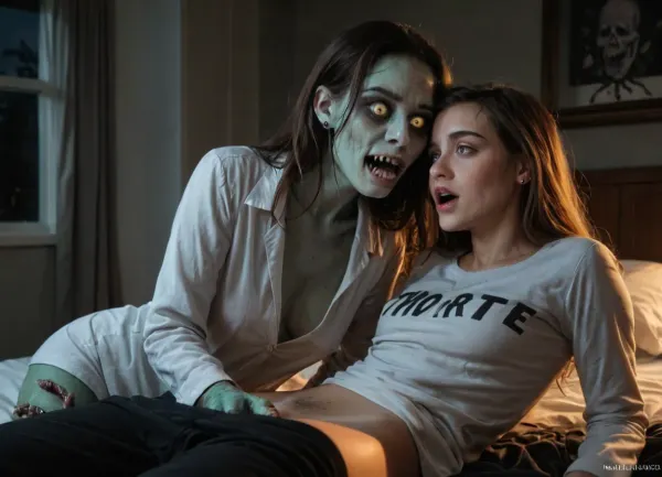 Photo, real photo, best quality, perfect quality, professional photo, night, a young girl's bedroom. An 18-year-old girl and a scary monster woman masturbate while looking at each other. Sharp focus, cinematic lighting, moonlight, spooky, scary, horror, sexy, erotic horror, (((2girls))), masturbation, orgasm, pajamas, shirt pulled up, pants pulled down, ((monster:1.7)), ., ((Looking at each other)), in love