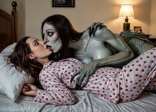 Photo, real photo, best quality, perfect quality, professional photo, night, a young girl's bedroom. An 18-year-old girl and a scary monster woman cuddling nude in bed. Sharp focus, cinematic lighting, moonlight, spooky, (scary), horror, sexy, erotic horror, (((2girls))), pajamas, ((female monster:1.7)), ((Looking at each other)), in love, lesbian, extra arms, claws, groping, kissing, both looking at each other, youthful decor, pink wallpaper, stuffed animals