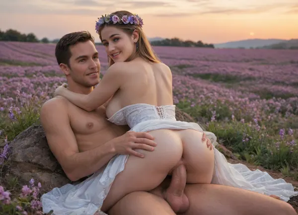 man and young woman, French, ((very smiling)), big naked breasts, wreath of lilac flowers on her head, dress, breasts cutout, topless during sunset, in a lavender field, mens big cock, ass sex, ass view back view, dogy style, cock inserting in ass