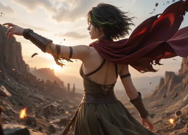 (masterpiece), (ultra-detailed), (photorealistic), (perfect anatomy), (realistic skin texture), (8k resolution), (cinematic lighting), (golden sunset on battlefield), (dramatic dust and smoke in distance), (wide cinematic scene), (back view of a fierce female warrior), (long flowing black hair with green highlights), (wind-blown hair strands), (bare back fully visible), (defined back muscles), (scar across her shoulder), (subtle sweat on her skin), (war paint on neck and upper back), (battle-worn skin details), (silhouetted soldiers and burning debris in background), (torn battlefield banners), (sunlight casting soft glow on her back), (epic atmosphere), (heroic stance), (she stands calmly, overlooking the battlefield), (cloak draped below the waist), (tight leather straps around arms), (metal gauntlet on left hand), (no visible armor on torso), (dust particles floating in sunlight), (realistic shadows on back curves), (muscle tone visible), (camera angle from slightly below and behind), (focus on her back and hair), (sharp depth of field), (background slightly hazy), (emotional tension in posture), (silent power)