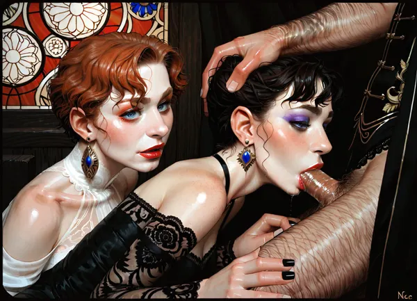 incase style, Art Nouveau style, beautiful aristocrat women doggystyle fuck, ((dark pixie hair)), (makeup), incase, <lora:287175_training_data:.8>, n0uv34u, style, <lora:nouveau1:.8>