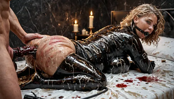 Extreme close up shot of chubby MILF Woman in straitjacket getting anal fucked by very muscular fit Ebony black man, (stained bed sheets), (dirty skin), (dirty latex), messy hair, wet latex, water droplets on latex, sweating, squirting, excessive lubricant, straitjacket, crossed, arms, latex, canvas, heavy, extreme, piss stains on bed, brown stains on bed, shit on ass, poop in hand, ebony black, candle wax on skin, dripping wax, holding candle, red candles, blonde, soft whip marks, <lora:STRAITJACKET_XL:.8>, ball, gag, spider, bit, ring, <lora:gagged-4e:.8>, <lora:detailed_notrigger:.8>