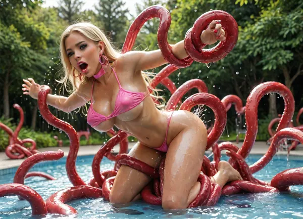 Side view, (Gorgeous bimbo polish giant squids tentacles forces sex 1:2), full body view, ((Big silicones breasts:1)), wearing small sling micro bikini stripes covered breasts bulging, tentacles covered her body, on cruise ship, lookin ove the sea, realistic sunny day, sunny lighting, cinematic lighting, tentacles from sea hold her arms, torso coiled in tentacles, (screaming hard loud:2), tentacles pulls her body underwater, side ways underwater, toen bikini, tentacles coiling her stomach, (((looking, viewer))), (((splash, pad))), ((spray, water)), ((wet, body)), off, shoulder, see, through, dress, miniskirt, wind, park, trees, fluttering, hair, ribbon, drooling, sweat, shy, blush, open, mouth, moist, skin, underboob, <lora:PAseer-SDXL-AcceleratorLighting:1.4>, <lora:girllikesplashpad_sdxl:1.2>, <lora:intenseMODE_md:.8>
