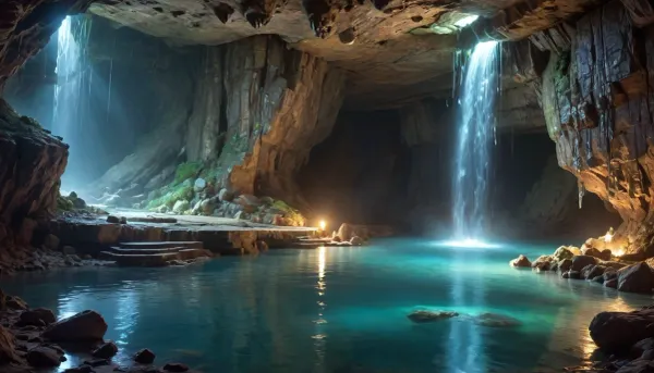 Gorgeous cave. Giant and intricate details. Glistening glowing pools of magical water. Bioluminescent crystals clinging to the cave walls. Garmash. Wlop. Guweiz. Oil paint strokes. Surreal. Outlines. Vivid and surreal crystals and magical water., worms, snake, <lora:worms:2>, tentacles, <lora:MS_Real_XL_Tentacles:.8>