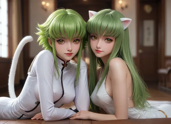 (((C.C. from Code Geass))), beautiful light green haired women, 22 years old, big gold eyes, heavy makeup, super model face smiling at the viewer, heavy eyeliner, long eyelashes, natural medium breasts, full body white skintight body suit, gold striped accents, on all fours, bent over with arched back, posing on the floor of a Japanese internet cafe, side view, high definition image, perfect backlight, long wet hair, side boob, hard erect nipples, mute facial expression, cute appearance, seductive teasing, (perfect makeup), detailed photo, expressive face, clear focus, depth of field, high resolution, insanely detailed, cute, tall, eyelashes, beautiful eyes, symmetrical face, perfect body, <lora:284451_training_data:.8>, long white cat tail plug., <lora:284418_training_data:.8>, emerald star butt plug
