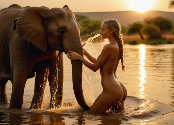 8k uhd, pretty young stark naked deep tanned 18 year old woman gets splashed by an elephant on the shallow shore of an african lake, a gush of water from the elephant's trunk, naked tanned woman with shaved pussy and narrow waist and wet very long braided blonde hair, light, sunbeam from the side, <lora:SDXL_GodPussy_v1:.7>, <lora:attractive_notrigger:.7>, <lora:add-detail-xl:.7>, <lora:Midjourney Image Enhancer XL v1:.7>