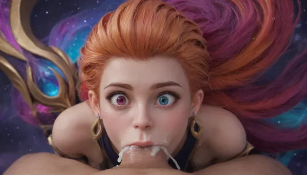 (Zoe from "League of Legends":2), (surprised:1.4), (heterochromia:1.2), (18yo), (huge dick), (extreme oral sex:1.4), (cum eruption from mouth), (pov), (galaxy clouds background)