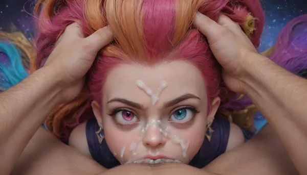 (Zoe from "League of Legends":2), (angry), (heterochromia:1.2), (18yo), (head pull), (extreme deepthroat), (cum on face:1.4), (pov), (galaxy clouds background)