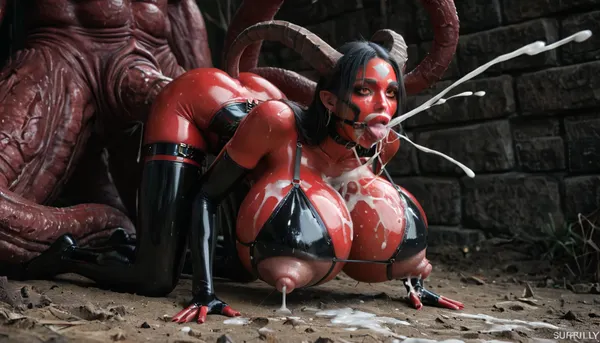 1 woman alien bimbo, (very skinny:1.4), (red tall woman:1.3), (on all fours:1.5), (red full body latex suit:1.5), (latex is iridescent:1.5), (Breasts covered in latex:1.5), (latex face:1.6), (Black latex stockings:1.5), (black latex corset:1.5), (black latex bra:1.7), very slutty face, (Giant swollen nipples:1.5), wide open nipples, very surprised, beach, outdoors, bdsm, close-up, ultrarealism, masterpiece, vaginal sex, (creampie, nipple creampie, cum spurting from nipples:1.5), ((massive breasts:1.5)), (long horns, red eyes:1.5), (alien woman:1.5), makeup, narrow waist, glowing eyes, look at viewer, earrings, (ring gag:1.5), gagged, drooling, (absurdly huge puffy lips:1.6), excited look, (glossy red lipstick:1.2), high detailed face, thin, wide hips, Horse Pussy, (extremely swollen clitoris:1.1), (extremely swollen inner labia:1.8), ((hands grab boobs)), (Large Tentacles fuck her mouth:1.5), (very big tentacles fuck pussy:1.5), (tentacles fuck boobs:1.6), rear view, rear focus, focus rear, Cinematic light, best quality, mega detailed, mega quality, high detailed, harness, garter, straps, cupless, bmbplora, tentacles, Latex, <lora:Harness_Straps_sdxl:2>, <lora:bimboxl_02:.7>, <lora:MS_Real_XL_Tentacles:.5>, <lora:LatexXLv11:.5>, <lora:MS_Real_XL_Bukkake:2>