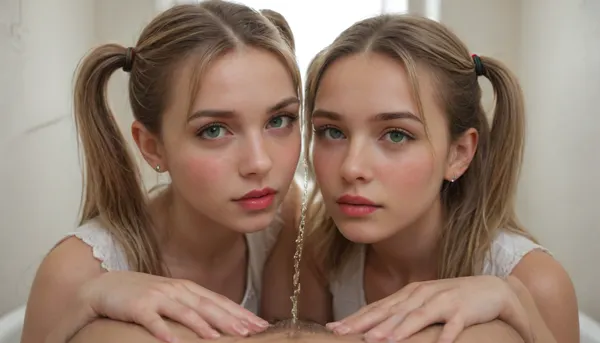 natural lighting, (looking down), amateur, blond schoolgirl, 18yo, realistic skins, natural beauty, European face, beautiful green eyes, red lipstick, cute nose, symmetrical face, symmetrical eyes, ((blushing)), looking at camera, POV, strawberry blonde hair, pigtails, perfect face, ((full body visible)), low lighting, dark, pissing, pissing on the floor of a toilet, huge gushing pee, pee puddle beneath her pussy, piss puddle, perfect pussy, trimmed hairy pussy, urinating pussy, urine puddle, urine splash, public urination, urine flowing in a single large gushing stream from her vagina, clear urine, amused, large urine puddle beneath her wet vagina, natural pose, beautiful hands, detailed fingers, HD