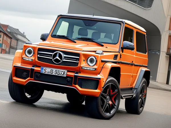 Mercedes Benz G-Wagon Long Wheelbase, ((four-door)), two-tone laquer, orange and glossy black, street race, overcast weather, in Munich, downtown, high quality, luxury cars, 8k wallpaper, highres