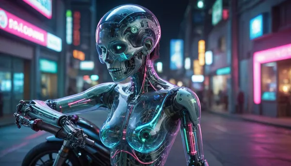 zoomed out full body portrait, ((Asian cyborg girl with partial transparent skull with visible wires and red plasma inside her skull:1)), robotic skeleton with pink lights and green lights and blue lights, racing plasma powered motorcycle on cyberpunk street, <lora:PAseer-SDXL-Transparent Robot:.5>