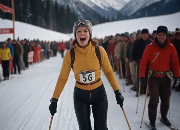captivating Kodachrome photo, Finish line of 1960s women's Alpine ski race, exhausted but elated female skier crossing line, vintage equipment, (long skis, leather boots, bamboo poles), colorful unziped retro ski outfit slightly disheveled, flushed cheeks, breath visible in cold air, wool hat askew, classic chronometer in foreground, simple wooden finish structure, snow-covered Alpine valley backdrop, spectators in 1960s winter clothing cheering, (blurred background), authentic retro atmosphere, shallow depth of field, focus on skier's expression and finish banner, film grain