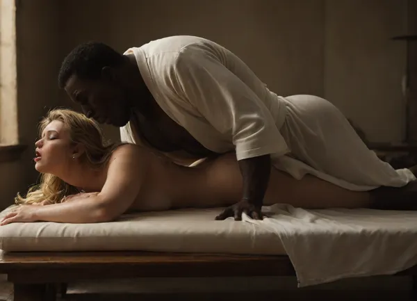 Interracial, hulk size naked black brute, massage table, beautiful face, chubby blonde milf, (prone sex:1.3), (moaning:1.3), wet long hair, award winning, big boobs, orgasmic, (retro amateur:1.4), (pale woman:1.6), ((woman in white robe)), chubby slim, side view, spa, treatment, room, <lora:dark:.5>, <lora:JJsSpa_XL:.5>