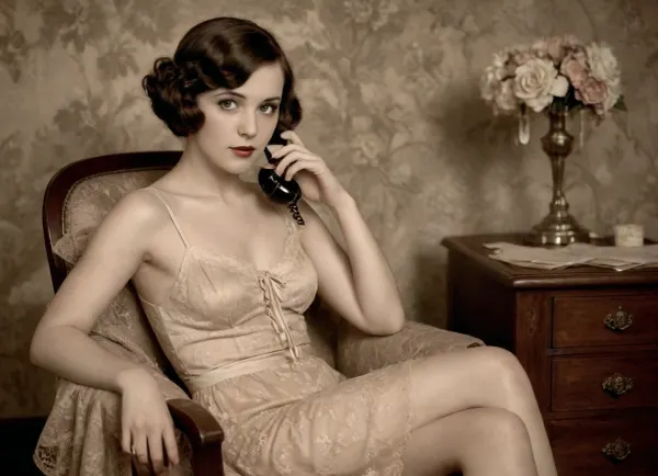 A vintage sepia-toned photograph of a glamorous woman from the 1920s sitting elegantly in a stylish chair. She has short, wavy dark hair and is wearing a light, lacy nightgown that reveals her legs adorned with garters. She is holding a cigarette in one hand while looking thoughtfully to the side, exuding an air of sophistication and nostalgia. A small table beside her holds a vintage-style telephone. The background features soft, floral patterns, enhancing the vintage aesthetic of the scene.