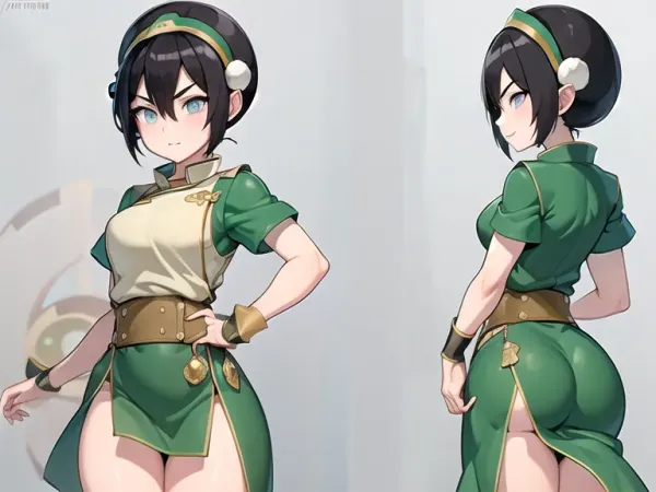 (masterpiece, best quality:1.2), lyco, (atla_tophbeifong-10:1), cowboy shot, solo, 1girl, Super thick and busty hourglass figure, toph beifong, blind, expressionless, short hair, hair bun, hairband, grey eyes, (little_girl), chinese clothes, chara-sheet, masterpiece, best quality, (Front and back view), 360 degree view, (simple backgound), <lora:atla_tophbeifong-10:.5>, <lora:TOPH-V2:.5>, <lora:character-sheet-03:.7>