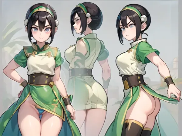 (masterpiece, best quality:1.2), lyco, (atla_tophbeifong-10:1), cowboy shot, solo, 1girl, Super thick and busty hourglass figure, toph beifong, blind, expressionless, short hair, hair bun, hairband, grey eyes, (little_girl), chinese clothes, chara-sheet, masterpiece, best quality, (Front and back view), 360 degree view, (simple backgound), <lora:atla_tophbeifong-10:.5>, <lora:TOPH-V2:.5>, <lora:character-sheet-03:.7>