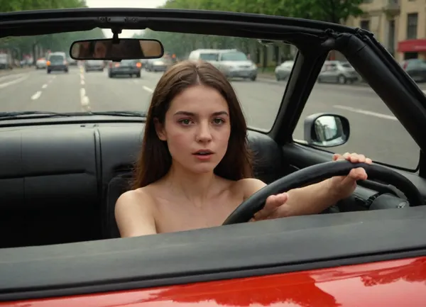 young very slim brunette with naturally small tits, inside a cabrio car, photo taken from the back seats, she drives the car naked, she has her hands on the steering wheel, the car is stopped at a red light, many dressed people cross the street and look at her
