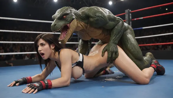 tifa lockhart from tekken, ripped clothes, fighting in a wrestling ring giant lizardman, yelling, fucked in doggy style by giant lizardman, dick in the ass, cum everywhere, full body view