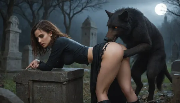 a tall slender girl in a doggy pose, fucked in the ass by a wolf with dark fur, a huge dick, in an abandoned cemetery, on a dark rainy night, a girl bent over a tombstone, clothes torn in many places