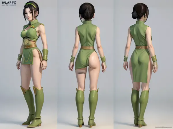 (masterpiece, best quality:1.2), full body, lyco, (atla_tophbeifong-10:1), cowboy shot, solo, 1girl, Super thick and busty hourglass figure, toph beifong, blind, expressionless, short hair, hair bun, hairband, grey eyes, (little_girl), Sexy and revealing chinese clothes, chara-sheet, masterpiece, best quality, (Front and back view), 360 degree view, (simple backgound), <lora:atla_tophbeifong-10:.5>, <lora:TOPH-V2:.5>, <lora:character-sheet-03:.7>