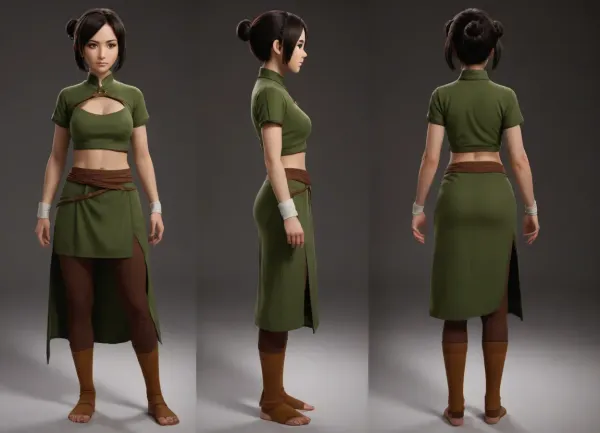 (masterpiece, best quality:1.2), full body, lyco, (atla_tophbeifong-10:1), cowboy shot, solo, 1girl, Super thick and busty hourglass figure, toph beifong, blind, expressionless, short hair, hair bun, hairband, grey eyes, (little_girl), Sexy and revealing chinese clothes, chara-sheet, masterpiece, best quality, (Front and back view), 360 degree view, (simple backgound), <lora:atla_tophbeifong-10:.5>, <lora:TOPH-V2:.5>, <lora:character-sheet-03:.7>