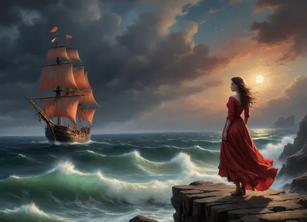 girl in fluttering tattered and torn medieval ragged dress stands on high cliff above sea, stormy sea in the right part of frame, sailing ship with scarlet sails on the horizon, girl looking out to sea, gale force winds, girl looking at sailing ship with scarlet sails, view from distance, (oil painting in Aivazovsky style, night, nighttime, low lighting, highly detailed figure, at night, darkness)