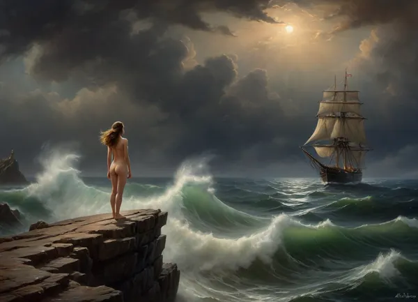 naked girl stands on high cliff above sea, stormy sea in the right part of frame, sinking sailing ship on the horizon, girl looking out to sea, gale force winds, girl looking at sinking ship, view from distance, (oil painting in Aivazovsky style, night, nighttime, low lighting, highly detailed figure, at night, darkness)