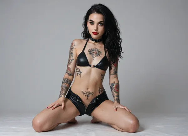 {exactly same caracters face, (same eyebrows), same eyes, same look, same mouth, same nose, same hair, 18 year old, narrow face, tattoos on face, green eyes, long legs, very long wavy black hair, small breasts, breasts covered in tattoos, long, hair color raven rainbow, (facial expression cute), light smile, (thin neck), (tattoo, many tattoos, arms tattoo, legs tattoo, stomach tattoo, shoulder tattoo), slutty, (full steel ring collar), (goth make-up), (red lipstick), nipple rings, full body tattoos, very minimalist leather top black bikini, no panties, leather unzipped black shorts pull down, wetlook}, LydiaB, <lora:909663_training_data:1.9>