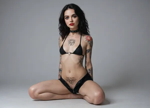 {exactly same caracters face, (same eyebrows), same eyes, same look, same mouth, same nose, same hair, 18 year old, narrow face, tattoos on face, green eyes, long legs, very long wavy black hair, small breasts, breasts covered in tattoos, long, hair color raven rainbow, (facial expression cute), light smile, (thin neck), (tattoo, many tattoos, arms tattoo, legs tattoo, stomach tattoo, shoulder tattoo), slutty, (full steel ring collar), (goth make-up), (red lipstick), nipple rings, full body tattoos}, very minimalist* top black bikini, no panties, unzipped black shorts pull down, LydiaB, <lora:909663_training_data:1.9>