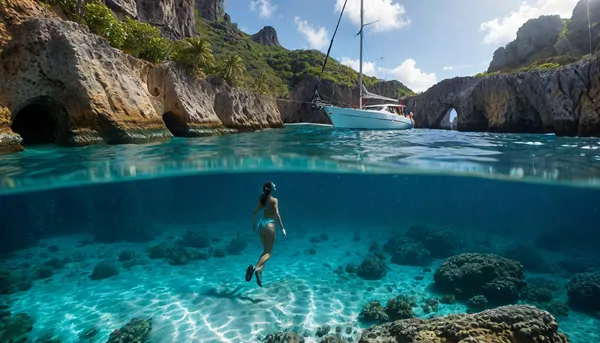 full body view of stunning slender woman, snorkeling against the backdrop of a noble sailing yacht in turquoise water. texture, photorealistic, The yacht is anchored in front of a large Caribbean cave, sunlight_str1, underwater, grotto, cave, sandy, sea, floor, reef, <lora:sunlight_str1-SDXL_v1-dim64-steps1691:1.2>, <lora:MJ52:.3>, <lora:Underwater_Environment_v01-000002:.9>, <lora:Splitshot:.4>