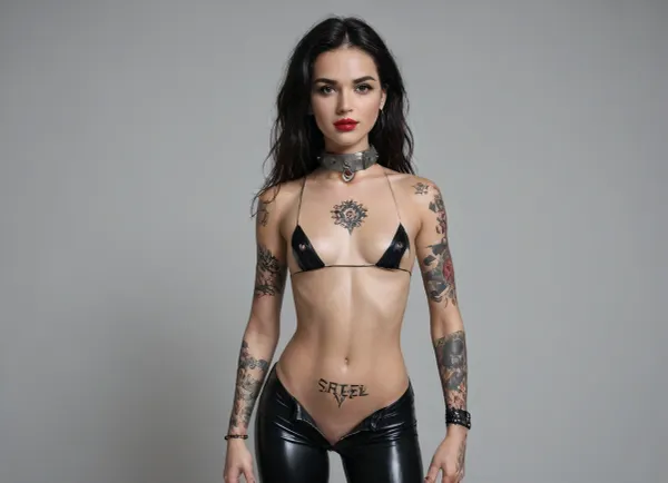 {exactly same caracters face, (same eyebrows), same eyes, same look, same mouth, same nose, same hair, 18 years old, narrow face, tattoos on face, green eyes, long legs, very long wavy black hair, disheveled, small breasts, breasts covered in tattoos, (facial expression cute), light smile, (thin neck), (tattoo, many tattoos, arms tattoo, legs tattoo, stomach tattoo, shoulder tattoo), slutty, (little rond steel collar:1.5), (goth make-up), (red lipstick), nipple rings, full body tattoos, (very minimalist latex top black bikini:1.3), (no panties), (latex black pants), tight, (low waist pants), unzipped, wetlook}, Chern4byl, enviroment, <lora:PostApocalyptic_Chernobyl_v3:.8>, UndergroundClub, <lora:UndergroundClub:.8>