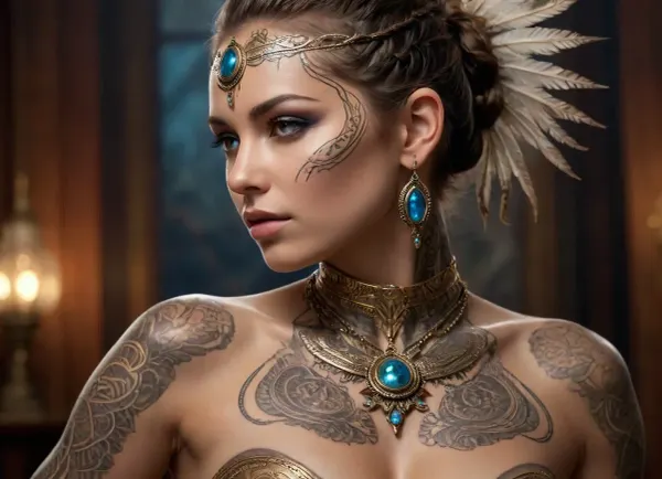 triple fantastic curve Levi fractal sci-fi style tattoo on the face and body of The naked QUEEN OF UNAMI AMERICAN INDIAN TRIBE, lights, lace patterns on the body of drops, airbrushing, hyper-detailed, filigree, colorful, realistic, multi-level composition, silvery golden threads, bioluminescence, smoke, high octane render, intricate details, HDR, beautifully shot, hyperrealistic, sharp focus, 64 megapixels, perfect composition, high contrast, cinematic, atmospheric, moody Epic cinematic brilliant stunning intricate meticulously detailed dramatic atmospheric maximalist digital matte painting