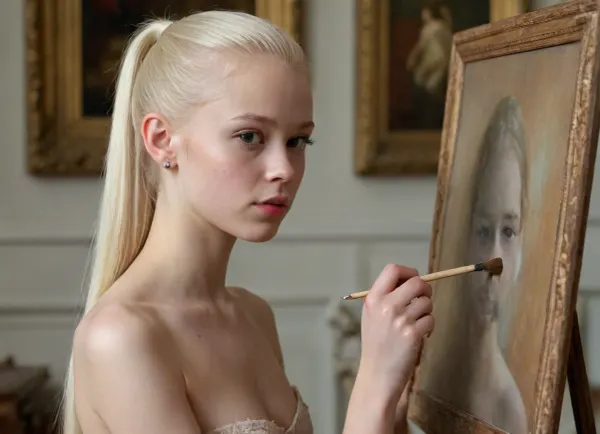 Close up of Very skinny very atlethic topless 18-year-old very young albino girl, extremely smooth well-groomed neat shiny long albino hair tucked behind the ears. One extremely smooth well-groomed neat shiny long albino ponytail. She looks similar to the young Kristina Pimenova but has Short upturned pointed nose with circular nostrils. Cute, Petite Tiny breasts, thin waist, narrow hips, atlethic, pale, abs, She is fine topless arrogant haughty artist and granddaugther of the empress, in a richly decorated modern studio filled with valuable rococo art and symbols of absolute power. She is a gifted painter with brush and palette. Her skill is comparable to that of the old masters. She stands at her easel, concentrating on painting a beautiful nude of herself on the canvas. She is painting herself. She holds a brush between her flawless fingers. The viewer has a good view of her emerging picture. She is wonderfully talented with her delicate fingers on her perfect hands. Epic masterpiece