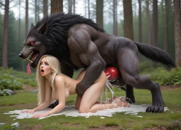The robot_werewolf with werewolf_skin and red eyes and a massive red knotted lab-grown werewolf_penis fucks the sexiest goth bimbo in doggystyle, in beautiful forest, side view, Robot_werewolf, massive red knotted lab-grown werewolf_penis, sexiest goth bimbo woman, doggystyle, rough sloppy sex, primal mating, excessive thick creamy cum inside, (gallons of excessive thick creamy cum leaking from her pussy:1), excessive thick creamy cum in pussy, excessive thick creamy cum pouring from pussy, massive ejaculations, (bimbo moaning, yelling:1), <lora:Modern_Werewolf:.8>, <lora:671410_training_data:.8>