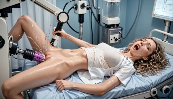 young adult girl, lying on back on blue sheet, on hospital bed, white hospital shirt, covered small tits, bottomless, sex machine, fuck machine, sweaty body, fuck with sexmachine orgasm, wet creampie pussy, dildo, extender sex, machine experiment fuck with metal dildo, fuck vagina with dildo, pusy vagina, modern devices, (fucking_machine:1.2), daylight, (sex_machine:1.2), (sex_devices:1.3), sex_chair, (tits machine:1.2), machine, stationary, grabbing sheets, yelling, squirting
Photo realism