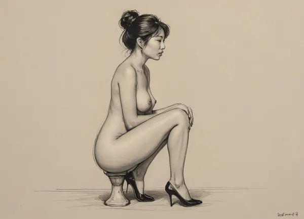 score_9, score_8_up, score_7_up, A detailed pencil drawing with clean lines and meticulous shading, sketch of a nude Chinese woman squatting in a toilet . she is tall and beautiful, with long legs, wearing black high heels, The drawing should have delicate shading and intricate details, capturing the essence of the subject with fine pencil strokes, background is be simple, allowing the focus to remain on the portrait itself, drawing, by, NTY, v0ng44g, sk3tch, .8>, <lora:sketch_it:1.3>