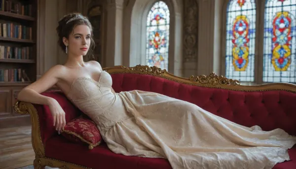A beautiful portrait of a Victorian-era aristocratic woman lounging gracefully on a lavish red velvet sofa in an extravagant library. Dressed in an exquisite gown embellished with golden embroidery and layers of ruffled fabric, she radiates elegance and sophistication. Her sparkling tiara and fur-trimmed shawl enhance her regal presence, while the grand decor, stained glass windows, and antique furnishings contribute to the scene's timeless luxury.