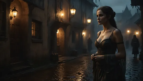 The picture has a frightening atmosphere, a small medieval town, cobblestone streets, oil lamps as street lighting, night and heavy rain, mud, 100% humidity, a dark dive from the outside, warm light coming in, full body view of a slim, pretty woman in rags showing secretly her tits in front of the pub offering her services as a prostitute, perfect face, perfect hands, perfect small tits, Black, and, white, art, black, shading, charcoal, toned, brutal, dark, b/w, color, scheme, elven, architecture, <lora:Black and white art.V1:1.2>, <lora:EnvyElvishArchitectureXL01:.6>, <lora:MJ52:.8>