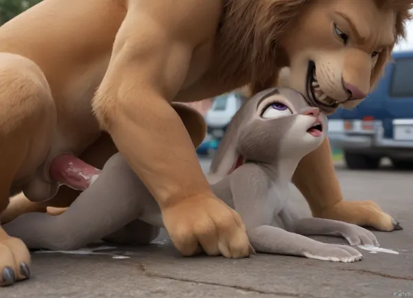 Furri, (Judy Hopps from "Zootopia"), female rabbit and male lion, size difference, naked, in Special Forces bus, seductive smirk, missionary sex, hard sex, fucked silly, open mouth, (ahegao), cum in pussy, cum puddle from pussy, side view, 4k, high resolution.