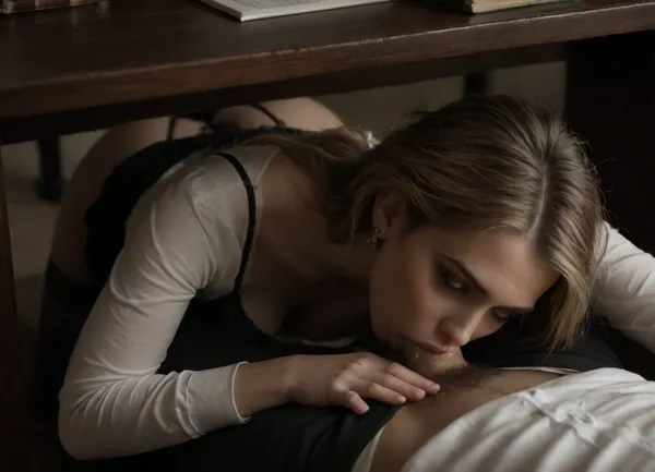 20 year old secretary lying under table, blonde, in office, show lace bra, pulling down panties, panties down, down pantyhose, skirt down, (blowjob to a man under table), ((man on the other side of the table)), focus on her shoulders, view from beside 3/4, cum on face, great, lighting, <lora:great_lighting:2>, <lora:TLS:.8>, <lora:dark:.8>