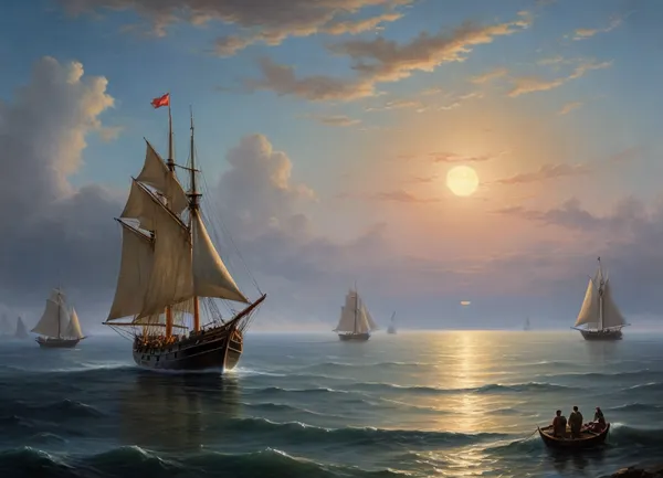 The painting is in the style of the Russian artist Ivan Konstantinovich Aivazovsky.The canvas depicts a large sailboat sailing towards an island, the outlines of which are visible in the distance. The island is clearly visible against the background of the night sky and the sea, which are brightly illuminated by the light of the full moon.A small boat was moored to the side of the ship on the right side. Local merchants swam up to the ship to offer the sailors their goods, food or water, or that the crew was going to get into the boat to go ashore.There is another boat in the foreground. The people sitting in it look at the ship sailing on the sea.In the background, a two-manned ship with lowered sails is anchored.On the sea surface along the coast, small sailing boats are visible, on which local fishermen went out to sea for night fishing.The painting is dominated by blue and light blue shades. The author solved the pictorial task with the help of contrast, which gives the work a bright yellow moonlight, flooding the sea and sky with its radiance.The moonlight path, trembling on a small ripple of the sea, gives the image volume and perspective. Light clouds floating across the night sky frame a calm .The artist assigns the main role to the sailboat sailing to the island in the painting. A red light is visible inside the ship, which contrasts with the bright moonlight.The work is painted in oil on canvas