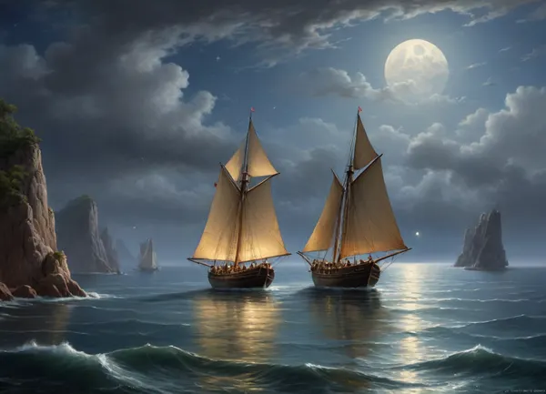 The painting is in the style of the Russian artist Ivan Konstantinovich Aivazovsky.The canvas depicts a large sailboat sailing towards an island, the outlines of which are visible in the distance. The island is clearly visible against the background of the night sky and the sea, which are brightly illuminated by the light of the full moon.A small boat was moored to the side of the ship on the right side. Local merchants swam up to the ship to offer the sailors their goods, food or water, or that the crew was going to get into the boat to go ashore.There is another boat in the foreground. The people sitting in it look at the ship sailing on the sea.In the background, a two-manned ship with lowered sails is anchored.On the sea surface along the coast, small sailing boats are visible, on which local fishermen went out to sea for night fishing.The painting is dominated by blue and light blue shades. The author solved the pictorial task with the help of contrast, which gives the work a bright yellow moonlight, flooding the sea and sky with its radiance.The moonlight path, trembling on a small ripple of the sea, gives the image volume and perspective. Light clouds floating across the night sky frame a calm .The artist assigns the main role to the sailboat sailing to the island in the painting. A red light is visible inside the ship, which contrasts with the bright moonlight.The work is painted in oil on canvas