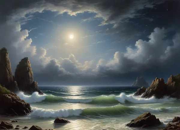 A stormy night. The last wave agitated the sea. It's boiling furiously. The waves break on the rocks in a rapid run. Terrible shaggy clouds are racing across the sky. The moon peeked through the clouds and illuminated the sea and the distant rocky shore. Moonlight flickered like diamonds on the lace of foam. The onset of the enlightenment of nature brings a stream of peace to the "last clouds of the scattered storm" running across the sky.Usually very quick at work, Aivazovsky painted this painting in such a way that it reflected his state of mind, in order to depict the halo of moonlight, he danced around it with a round brush the smallest splashes of light paint, the same as the moon itself.The rocky mountains are written differently, on which almost no moonlight falls. They are depicted as dark generalized masses, with a thicker tone than the sky. The sparse detailing of their shapes still makes it possible to distinguish steep cliff breaks, crevices in the mountains and a stone scattering at their foot on the surf edge. The sea in the part where the moonlight does not penetrate is also written very widely. The waves, breaking on the coastal cliffs, permeated by moonlight, acquire a phosphorescent hue.