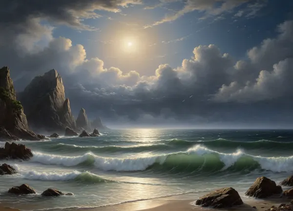 A stormy night. The last wave agitated the sea. It's boiling furiously. The waves break on the rocks in a rapid run. Terrible shaggy clouds are racing across the sky. The moon peeked through the clouds and illuminated the sea and the distant rocky shore. Moonlight flickered like diamonds on the lace of foam. The onset of the enlightenment of nature brings a stream of peace to the "last clouds of the scattered storm" running across the sky.Usually very quick at work, Aivazovsky painted this painting in such a way that it reflected his state of mind, in order to depict the halo of moonlight, he danced around it with a round brush the smallest splashes of light paint, the same as the moon itself.The rocky mountains are written differently, on which almost no moonlight falls. They are depicted as dark generalized masses, with a thicker tone than the sky. The sparse detailing of their shapes still makes it possible to distinguish steep cliff breaks, crevices in the mountains and a stone scattering at their foot on the surf edge. The sea in the part where the moonlight does not penetrate is also written very widely. The waves, breaking on the coastal cliffs, permeated by moonlight, acquire a phosphorescent hue.