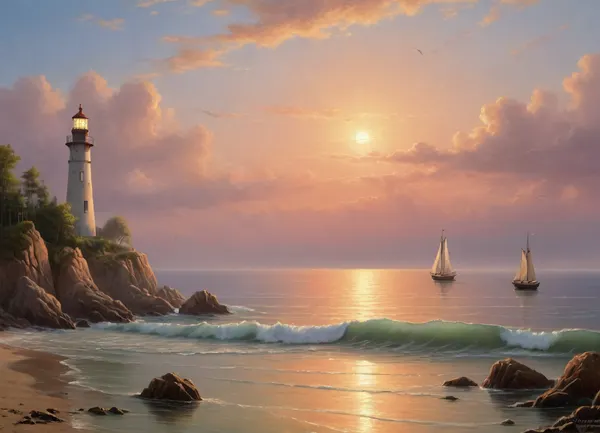 The painting is in the style of the Russian artist Ivan Konstantinovich Aivazovsky.The painting depicts a quiet summer evening.The sea is calm. The lightest ripples run across the calm surface of the sea. Sailing boats and fishing boats glide along it.Fluffy clouds float across the transparent azure sky, which appear pale pink under the rays of the setting sun. With short and light strokes, the author depicted a transparent mist floating in the humid air. In the distance, in the misty haze, the outlines of the rocks are visible.Seagulls are flying low over the water. The painting exudes silence, tranquility and peace. An important element of the painting is the dark lighthouse tower. The lighthouse symbolizes hope and salvation. The lighthouse shows the sailors the way to their native shore, warns of shoals. The painting is dominated by calm light shades. The viewer, looking at the canvas, clearly feels like he is standing not in an art gallery, but on the shore of a sea strait, admiring a beautiful and quiet summer evening.